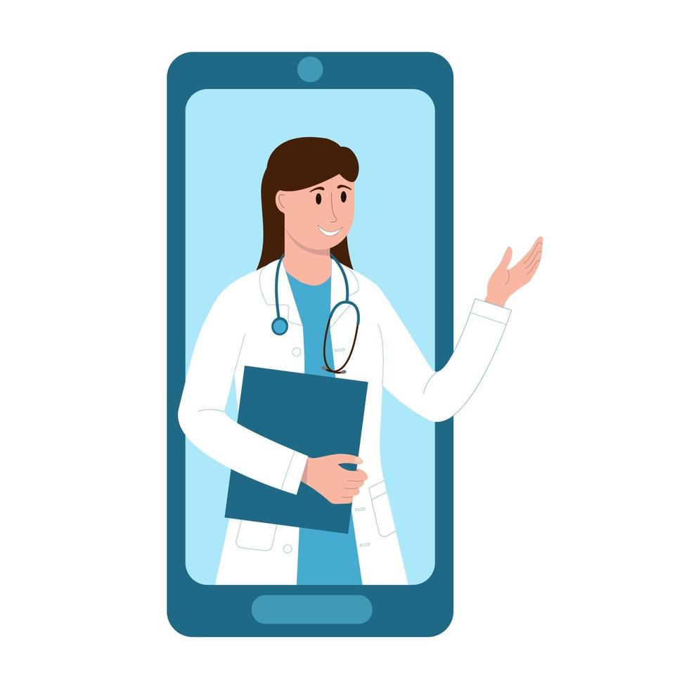 Doctora en línea dar consulta médica en la aplicación de teléfono inteligente vector