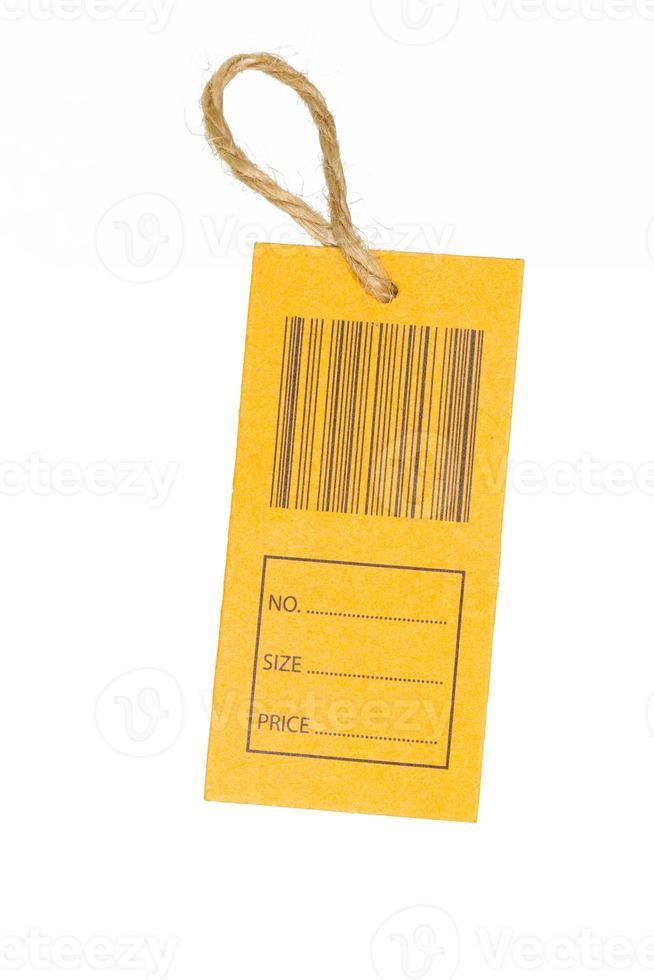 close-up of a price tag with bar code isolated on white background photo