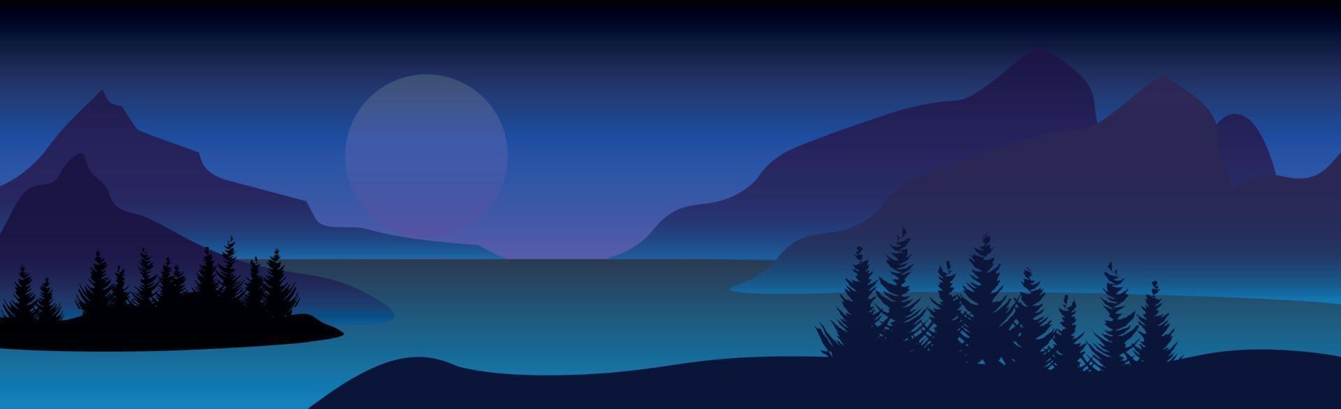 paisaje de montaña, luna brillante sobre el lago de montaña de noche - vector