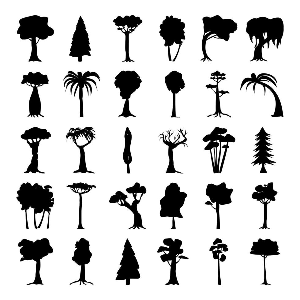 Seth black silhouettes of trees from different climatic zones vector