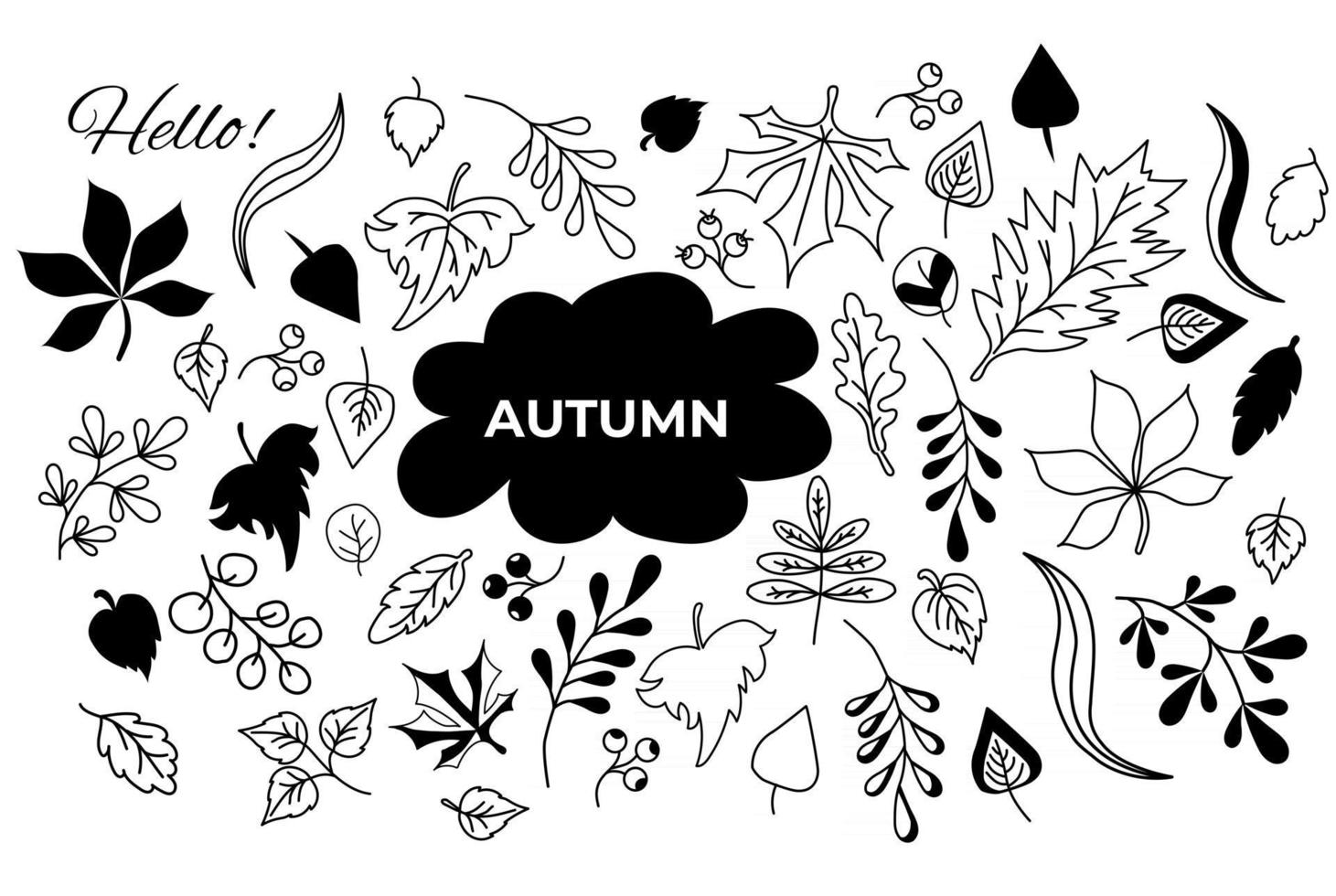 set of autumn Doodle of various leaves and berrie. outline, silhouette vector