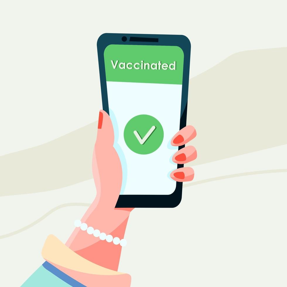 certificado de vacunación en la pantalla del teléfono móvil con código qr vector