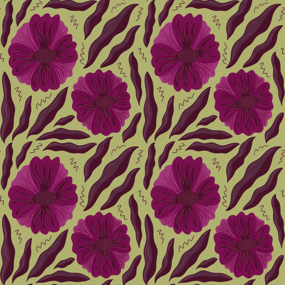 patrón floral transparente con flores de color púrpura sobre fondo verde vector