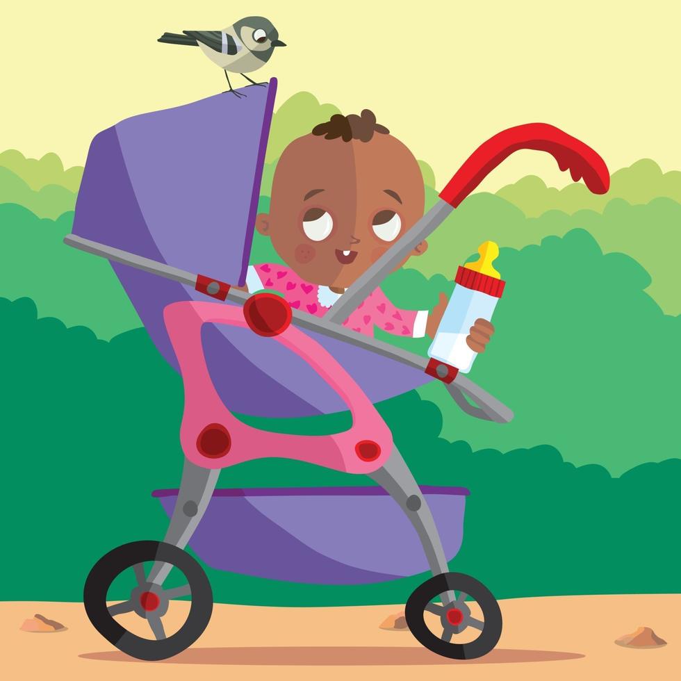 Cute baby in buggy with a sparrow looking on vector