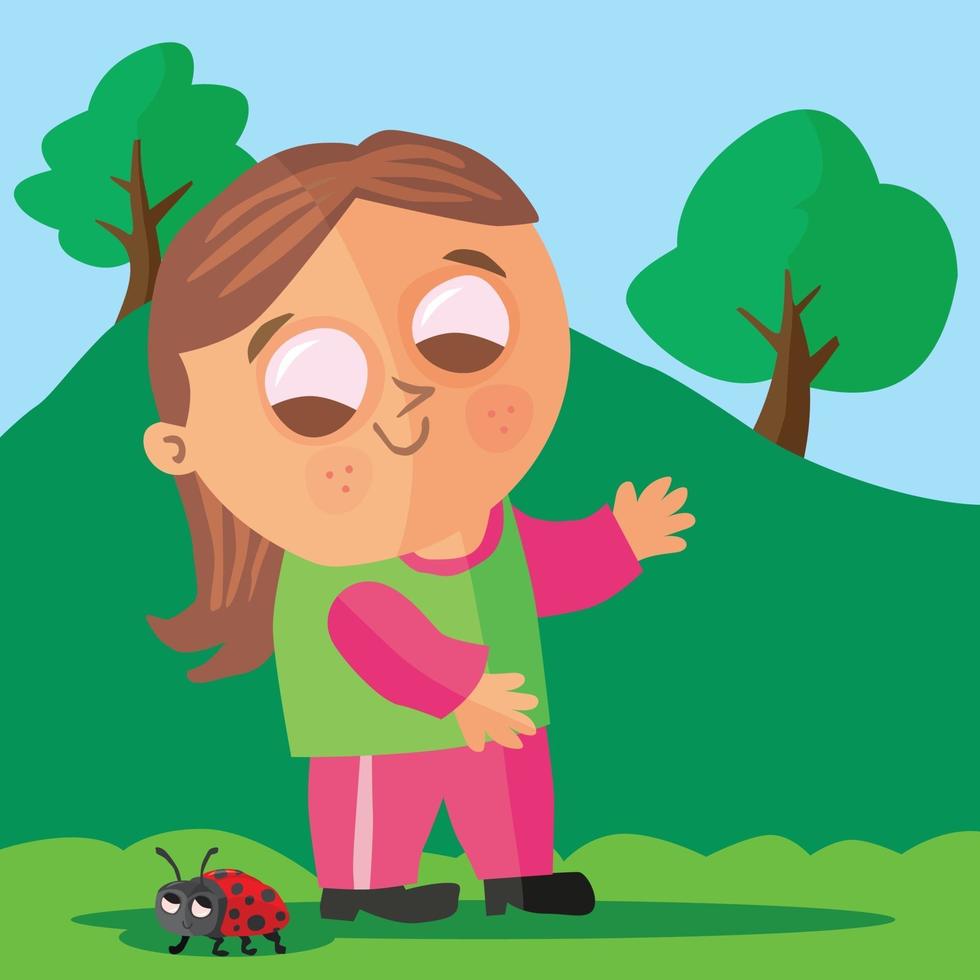 Girl saying hello to a ladybird in a field vector