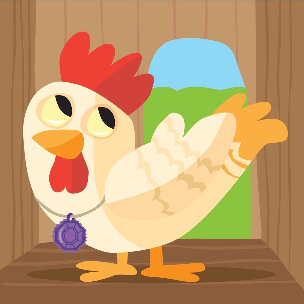 Pollo con collar en gallinero con campo mostrando a través de la puerta vector