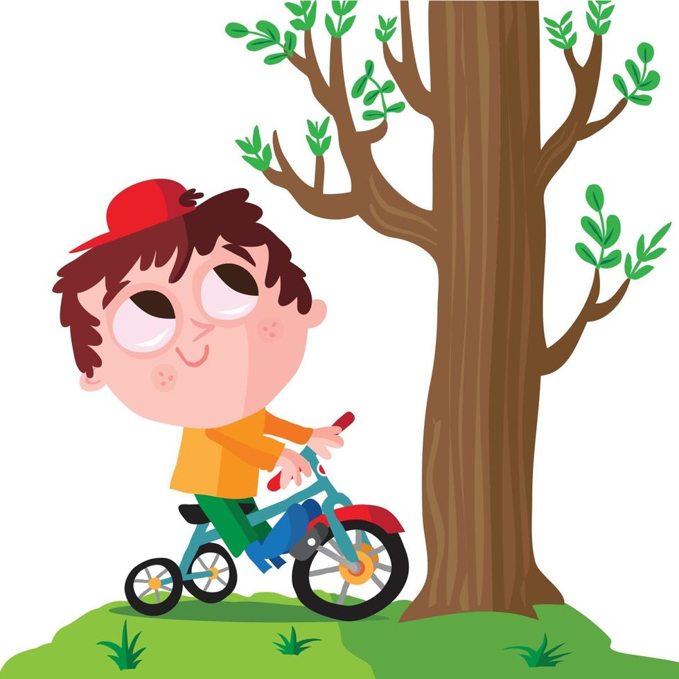 niño montando un triciclo debajo de un árbol vector