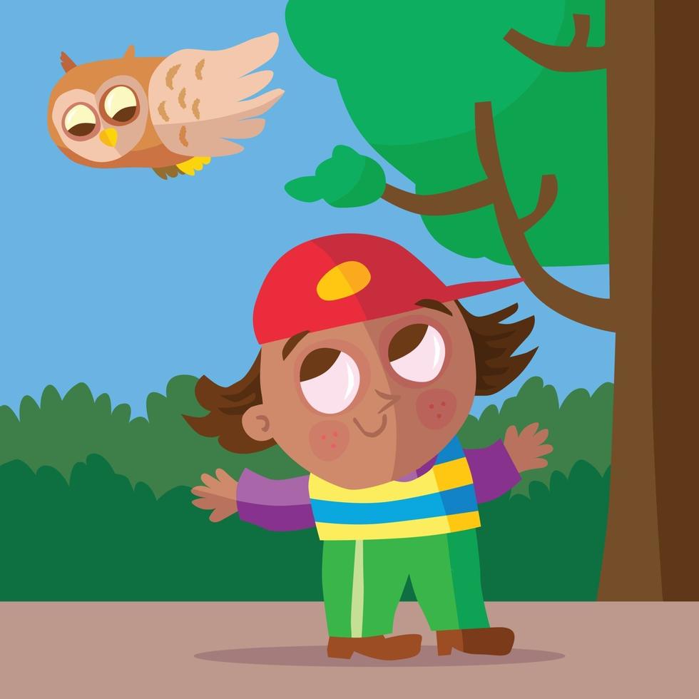 niño con gorra, viendo un búho volar sobre su cabeza vector