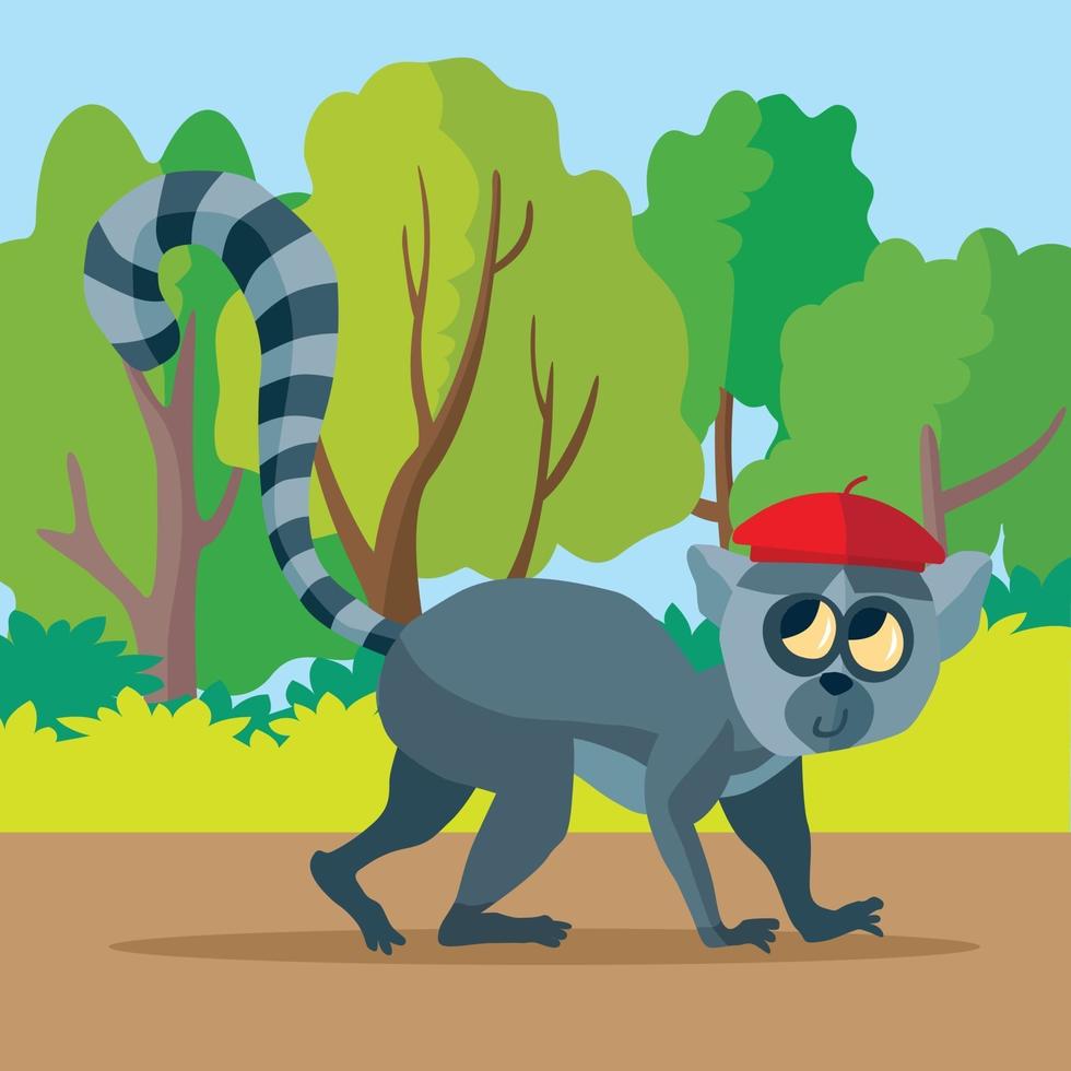 Lemur in red beret among the trees vector