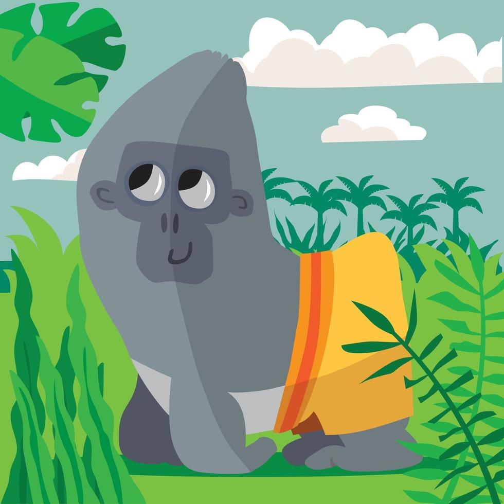 Gorilla in the jungle with yellow shorts and trees in the background vector