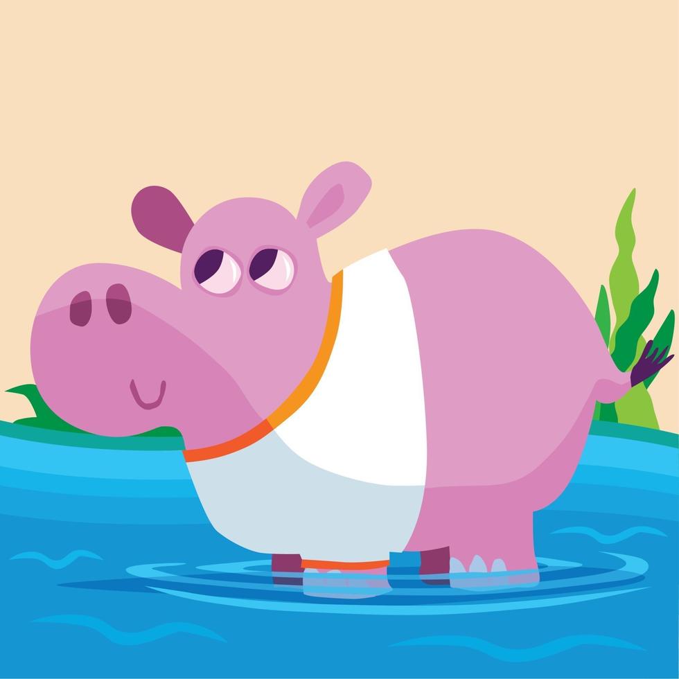 Hippo in a white tee shirt standing in pool of water vector