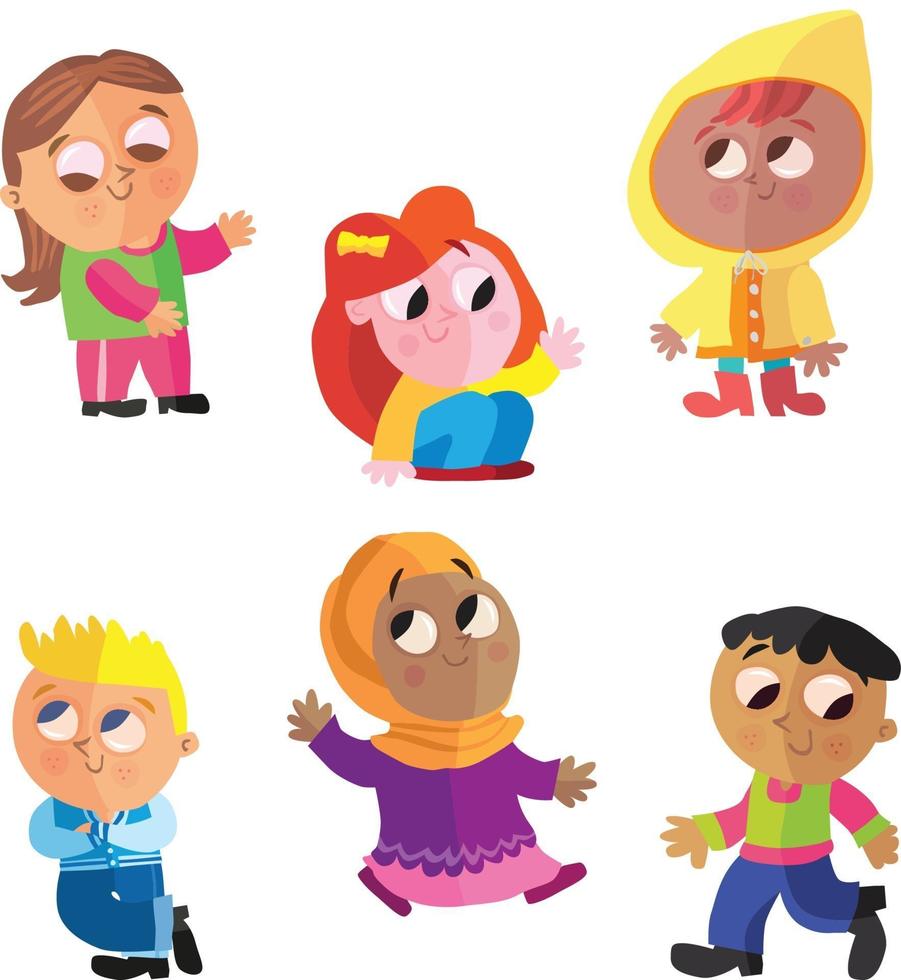 colección de poses infantiles multiculturales. vector