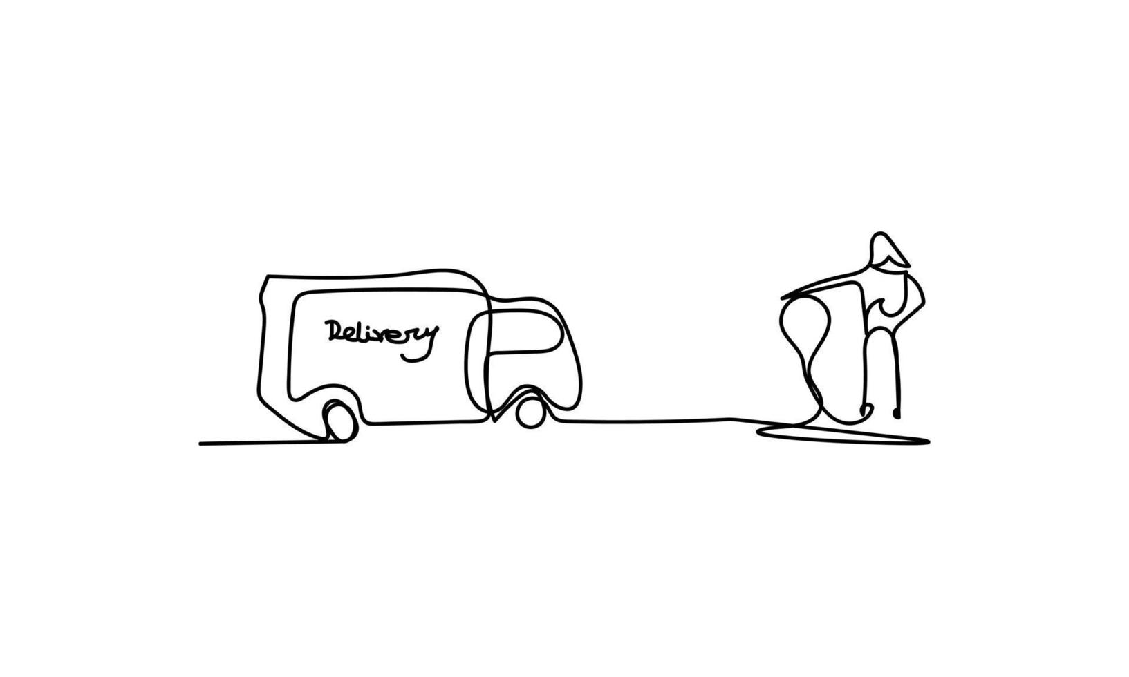 Delivery car and and receiving point one line art vector