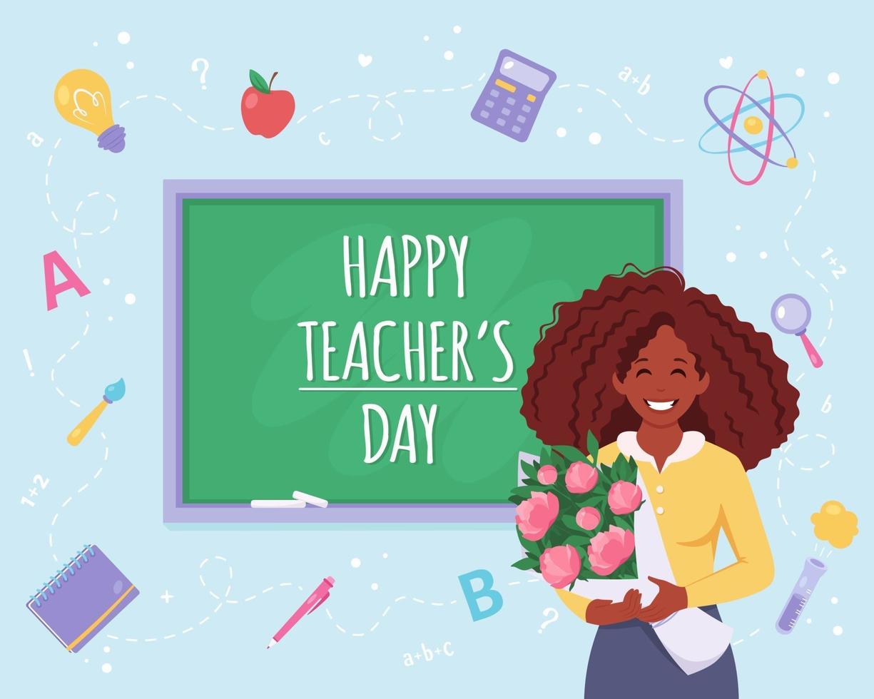 Happy teacher's day. African american teacher with flowers vector