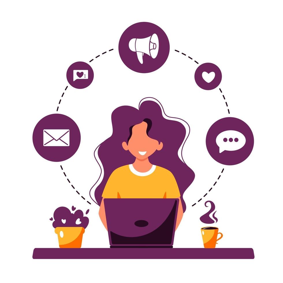 Woman working on laptop. Working process, freelance, communication vector