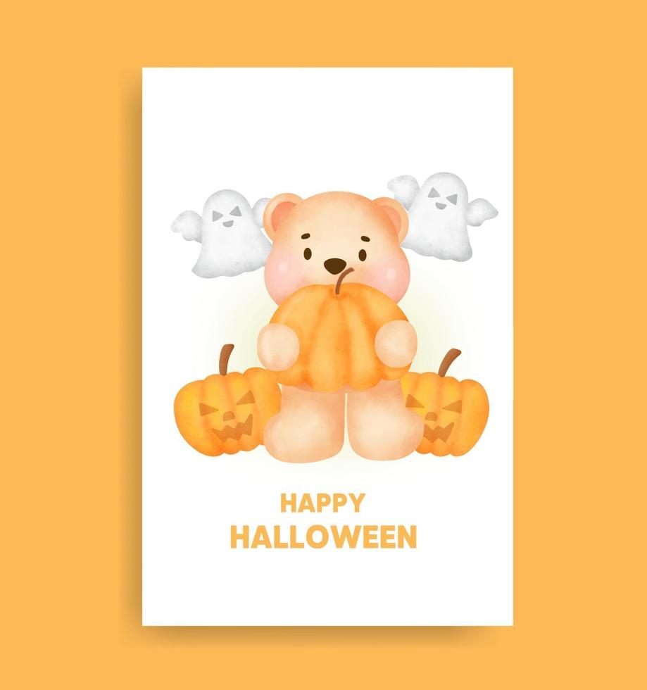 Watercolor halloween bear holding pumpkin card . vector