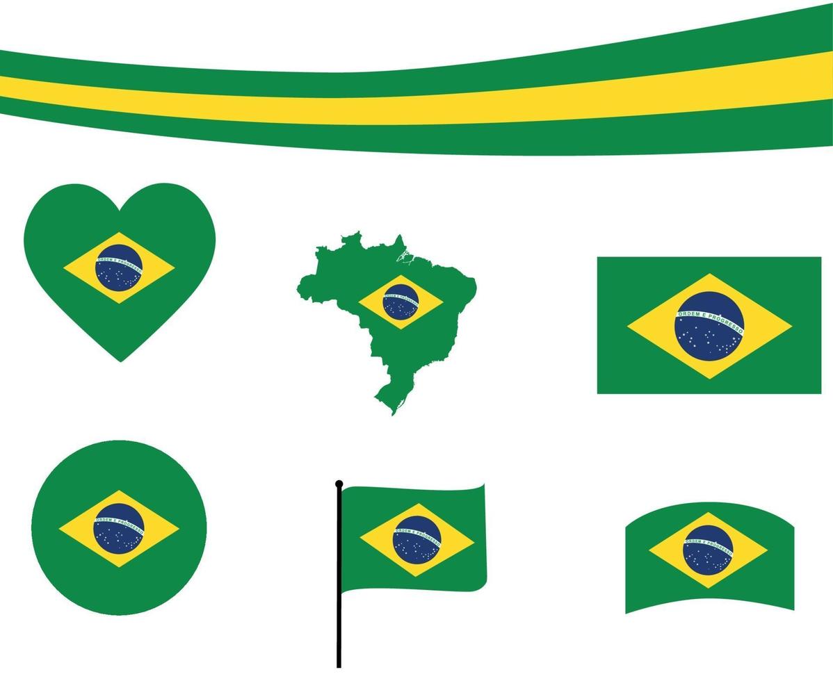 Brazil Flag Map Ribbon And Heart Icons Vector Illustration Abstract