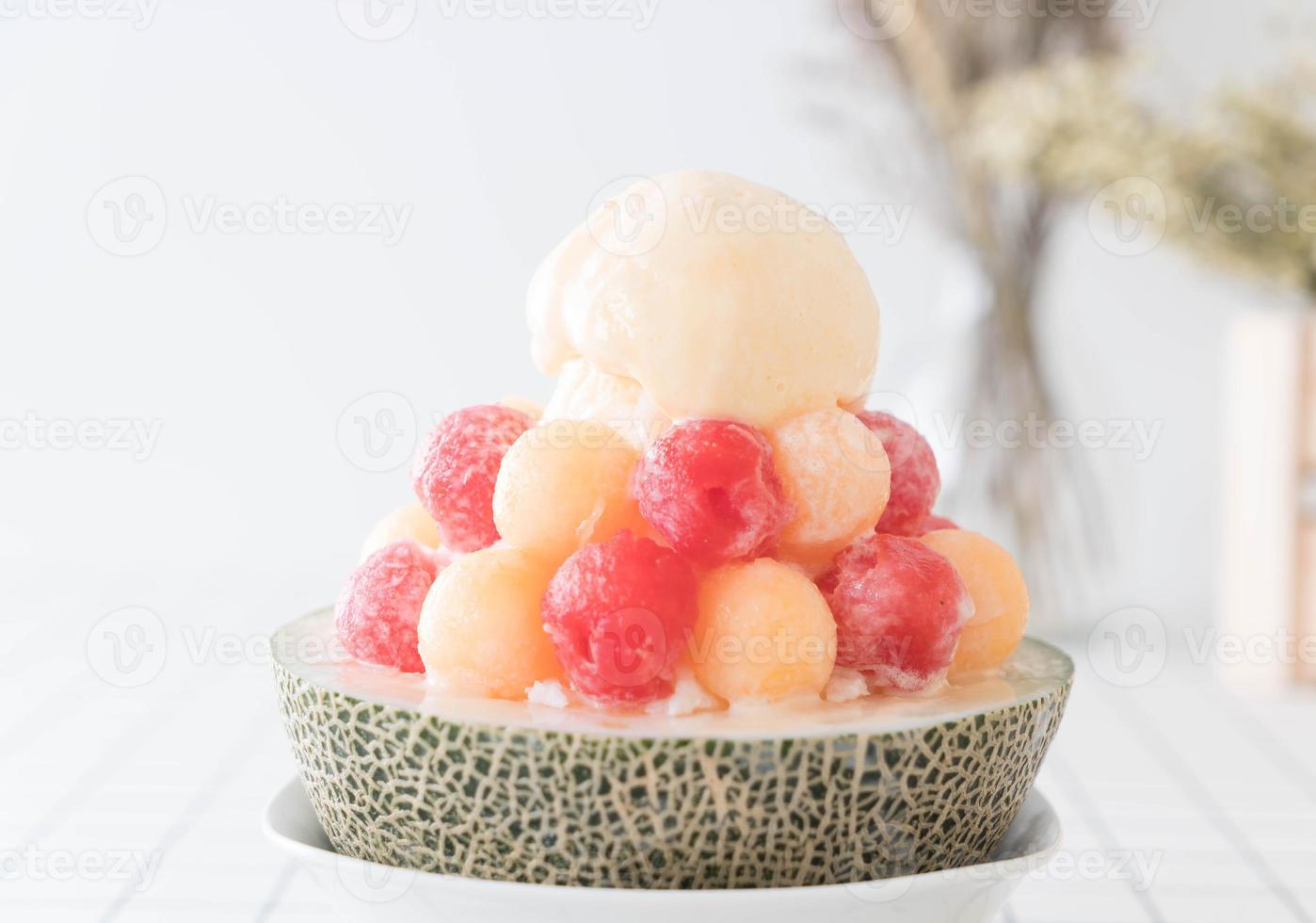 Ice melon Bingsu, famous Korean ice-cream on table photo