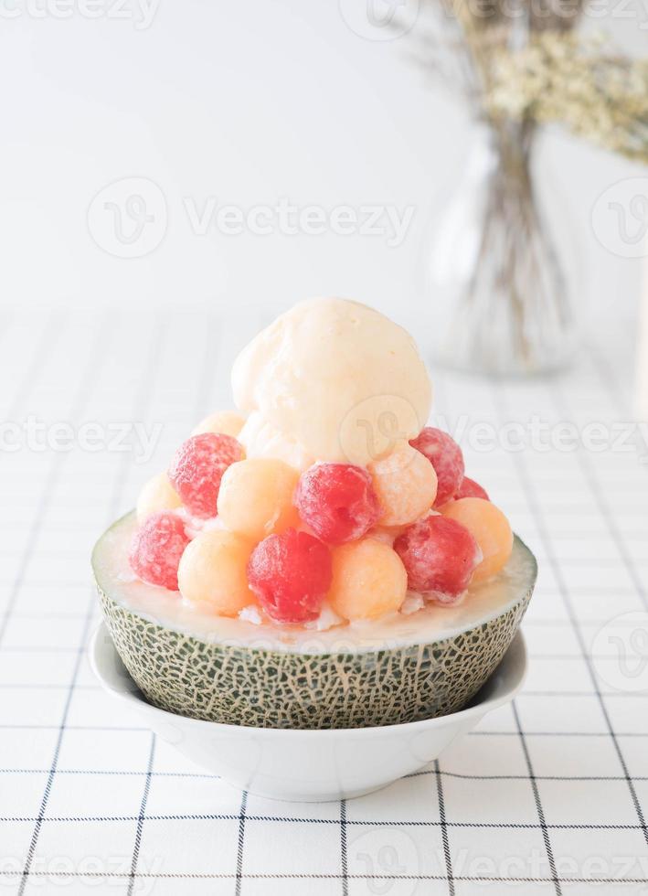 Ice melon Bingsu, famous Korean ice-cream on table photo