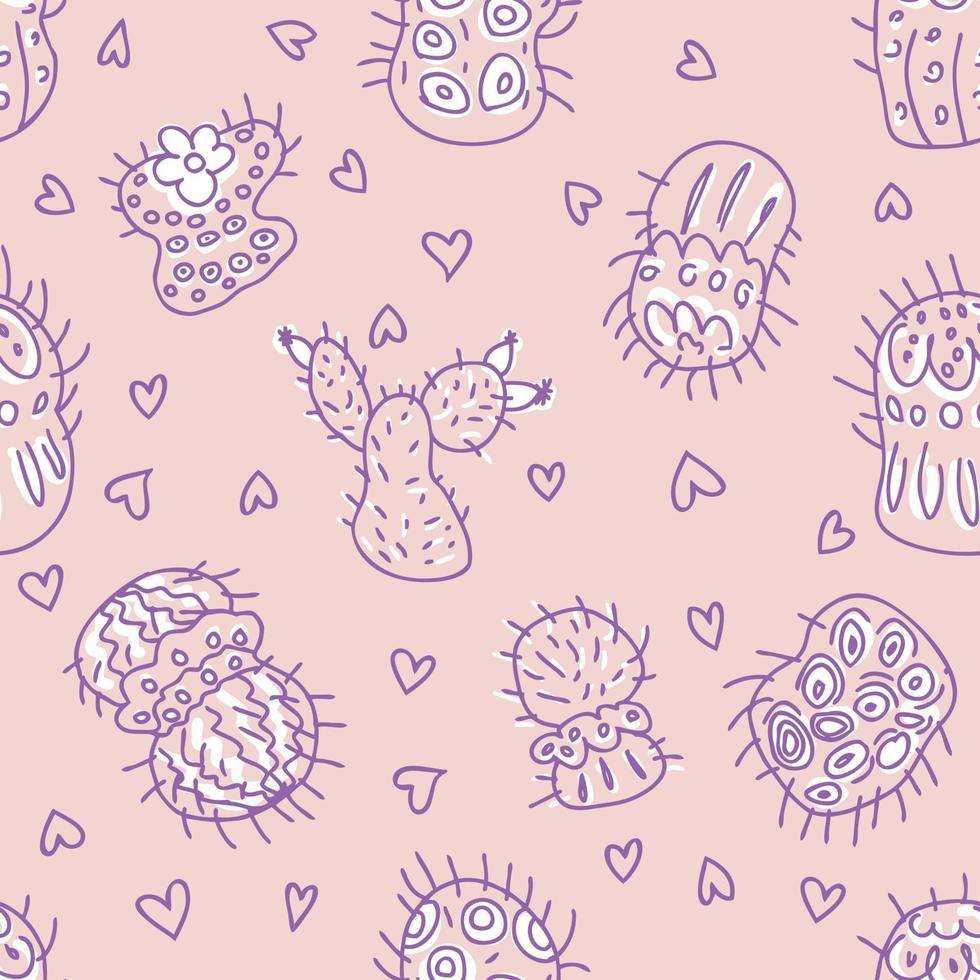 Doodle vector seamless pattern of cacti with hearts