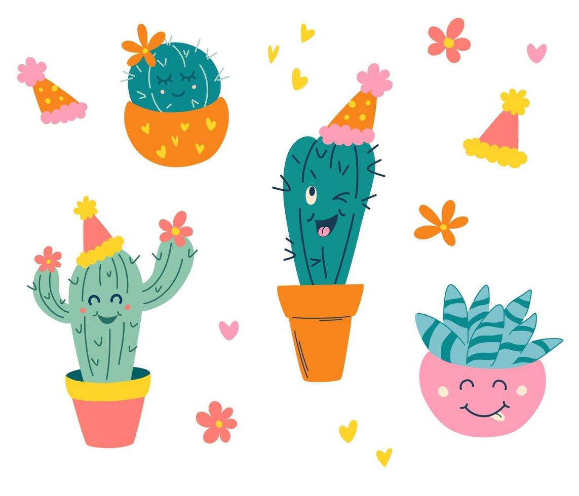 Set of cute cacti. Home plants. vector