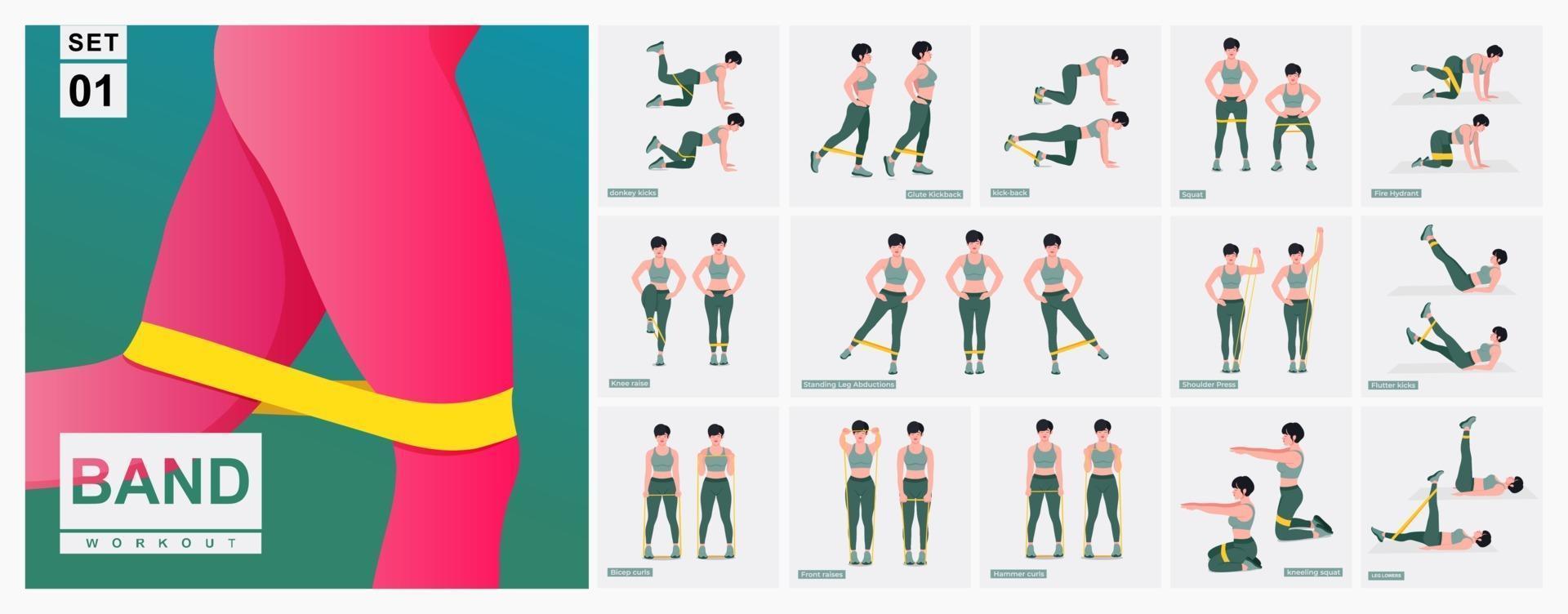 conjunto de entrenamiento de banda de resistencia. mujeres haciendo ejercicios de fitness y yoga. vector