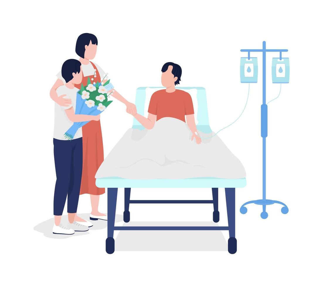 Family members visiting man in hospital flat color vector characters