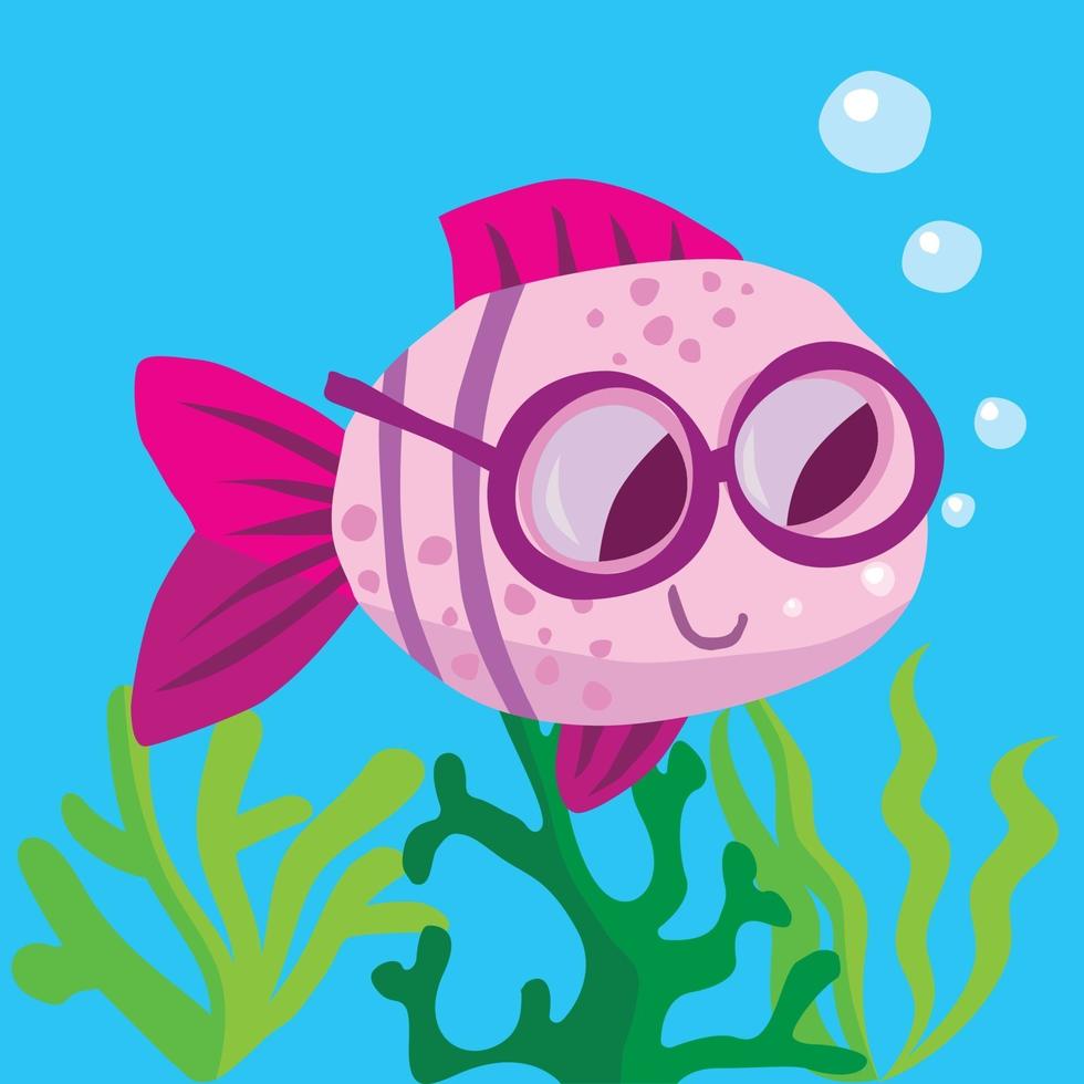 Fish with spectacles swimming over seaweed blowing bubbles vector