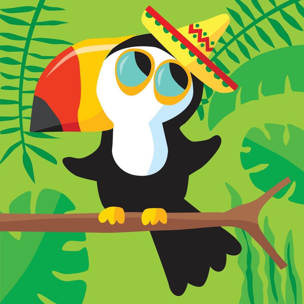 Toucan with a sombrero in the jungle vector