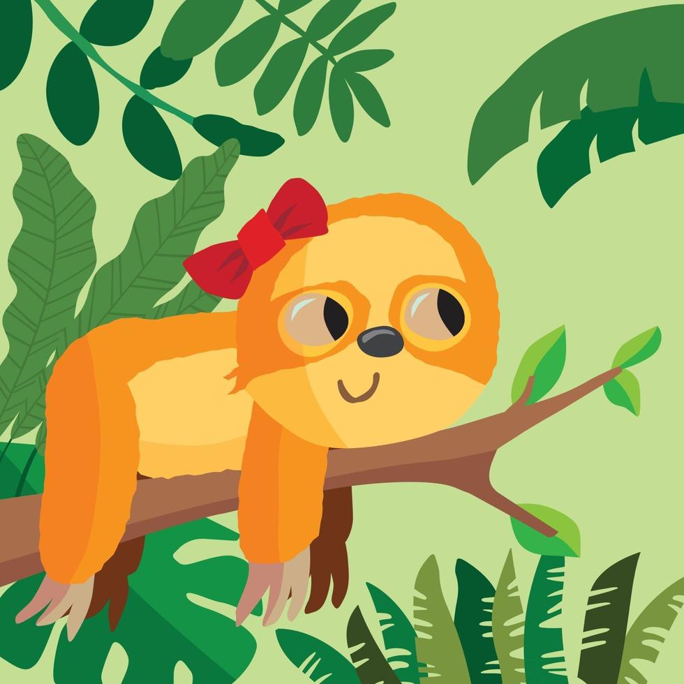 Sloth with a bow in her hair lying on a branch in the forest vector