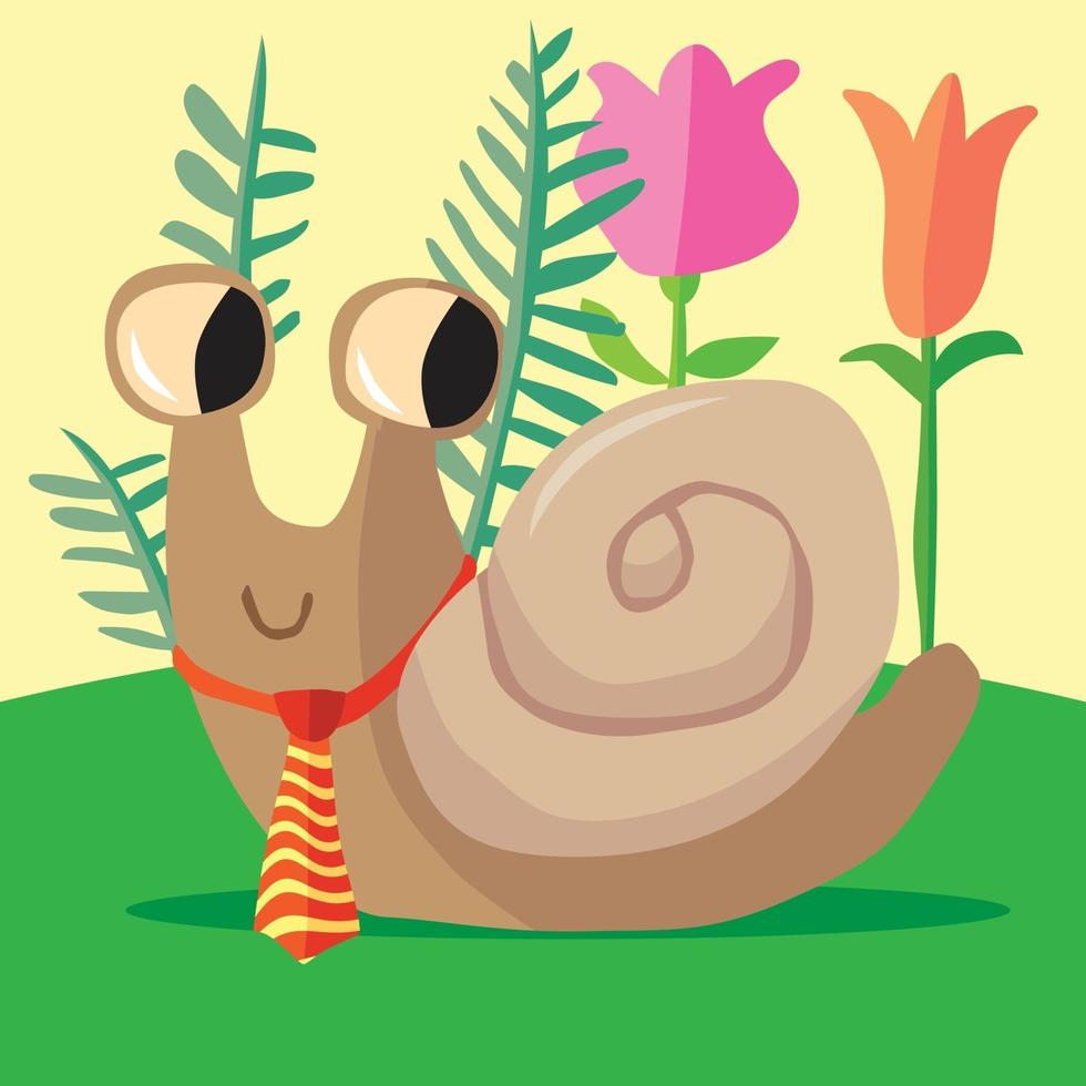 Snail in front of flowers wearing a striped tie vector