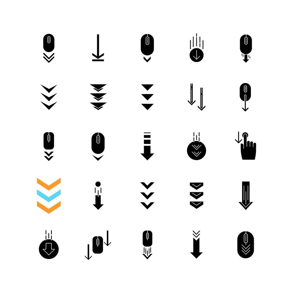 Scroll down black glyph icons set on white space vector