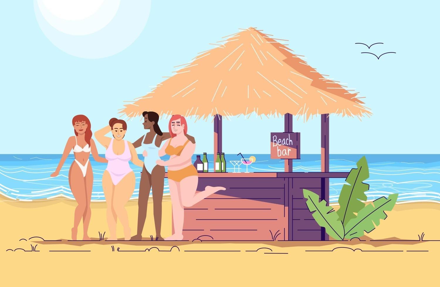 Women at beach bar flat doodle illustration vector