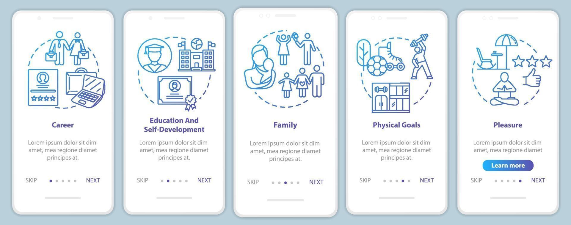 Pantalla de la página de la aplicación móvil de incorporación de autodesarrollo con conceptos vector