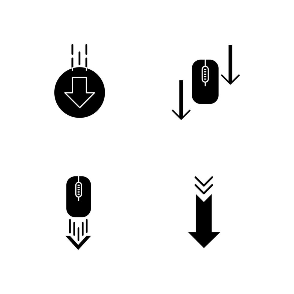 Ratón de computadora y puntas de flecha iconos de glifos negros en espacio en blanco vector
