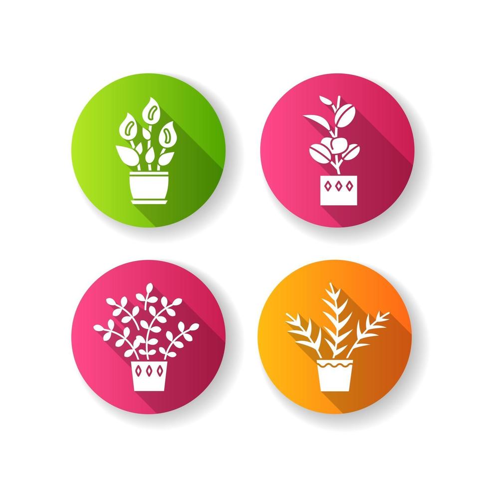 Indoor plants flat design long shadow glyph icons set vector