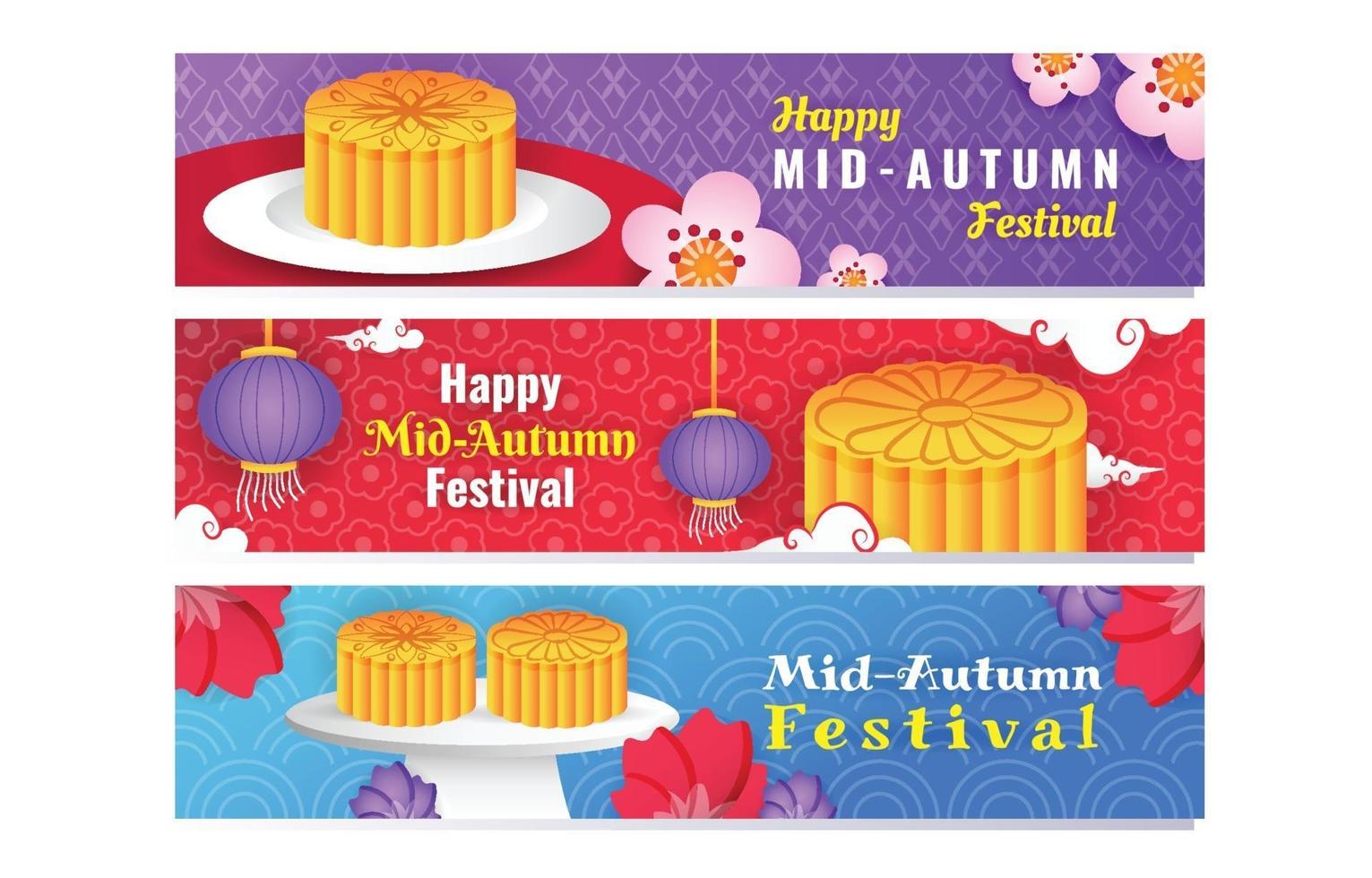 Happy Mid Autumn Festival with Mooncake Banner Template Set vector