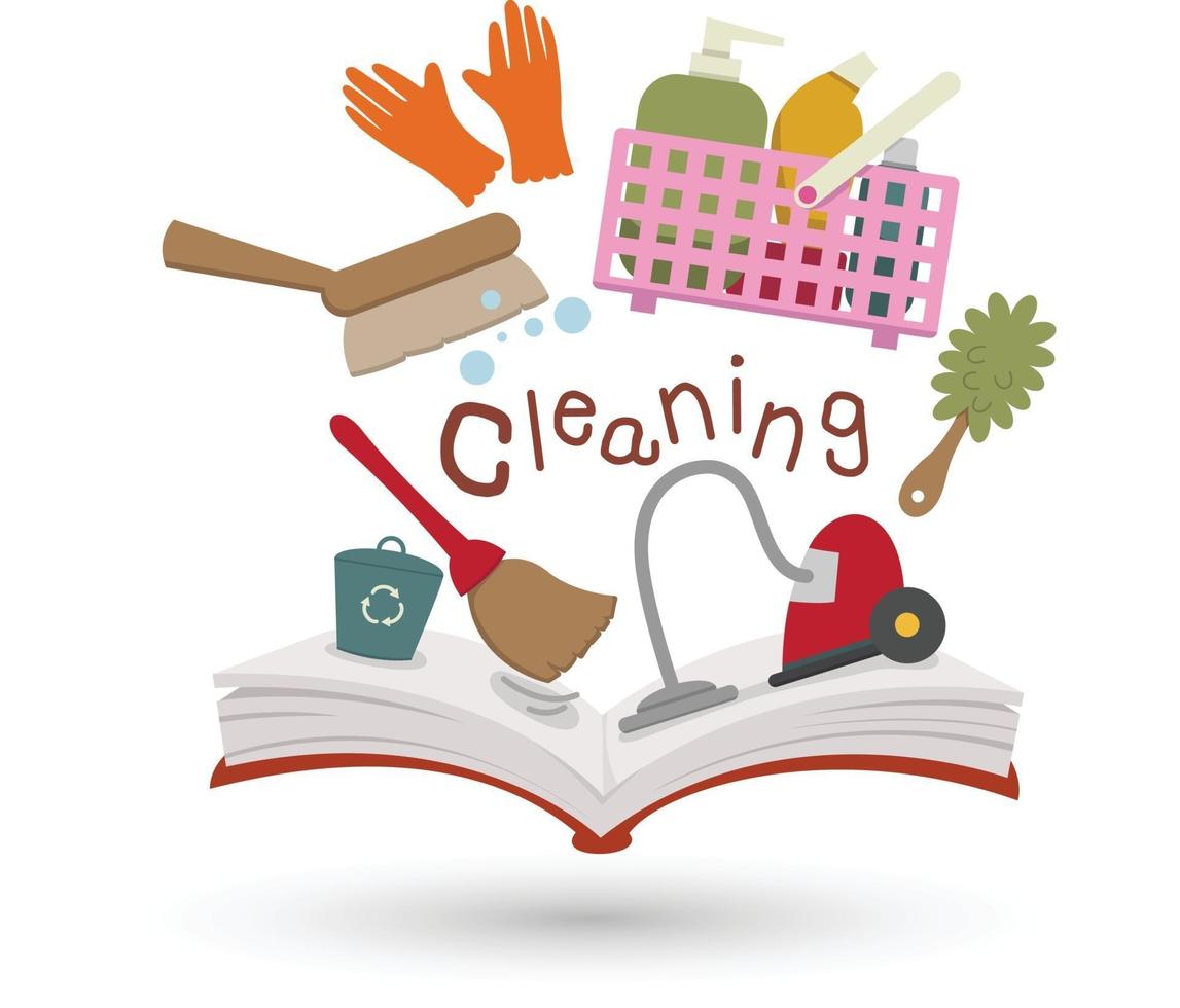 Open book and icons of cleaning. Concept of education vector