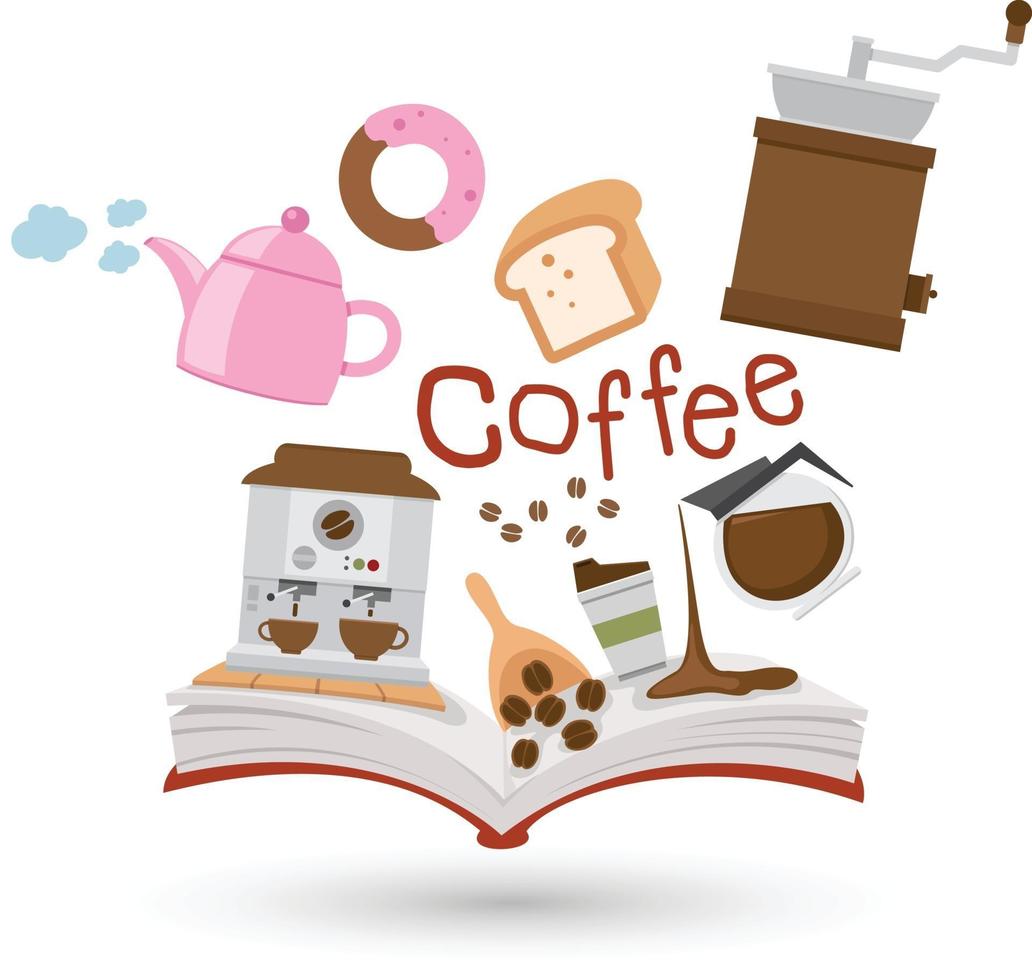 libro abierto e iconos de café y té. concepto de educación vector