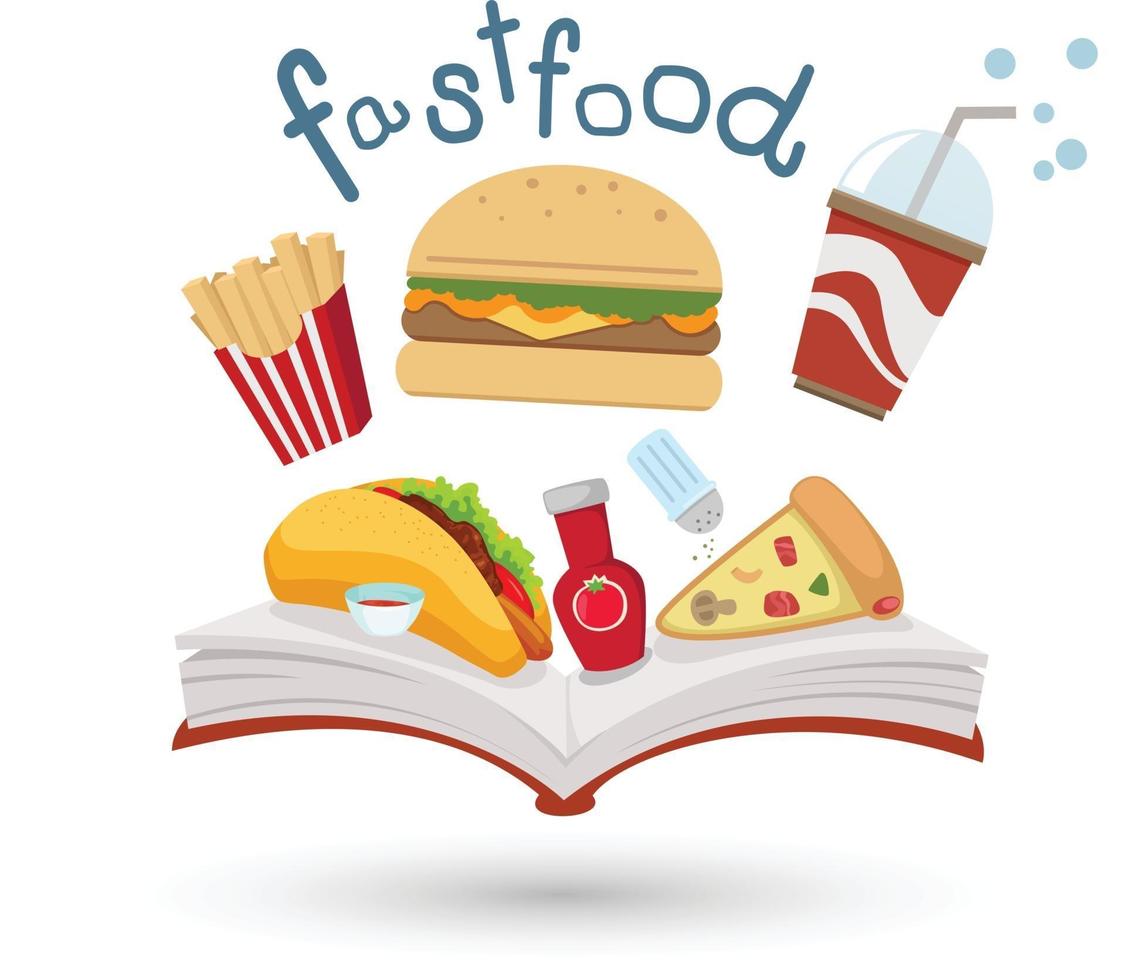 Open book and icons of fast food. Concept of education vector