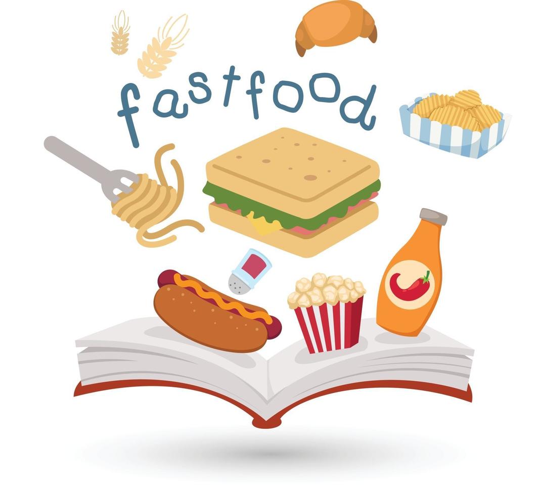 Open book and icons of fast food. Concept of education vector