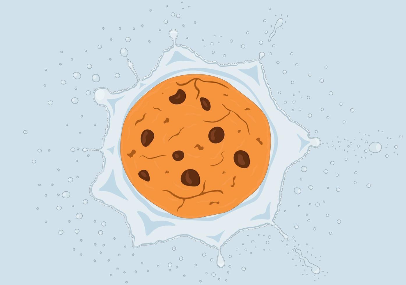 Galleta con chispas de chocolate cae en la ilustración de vector de salpicaduras de leche