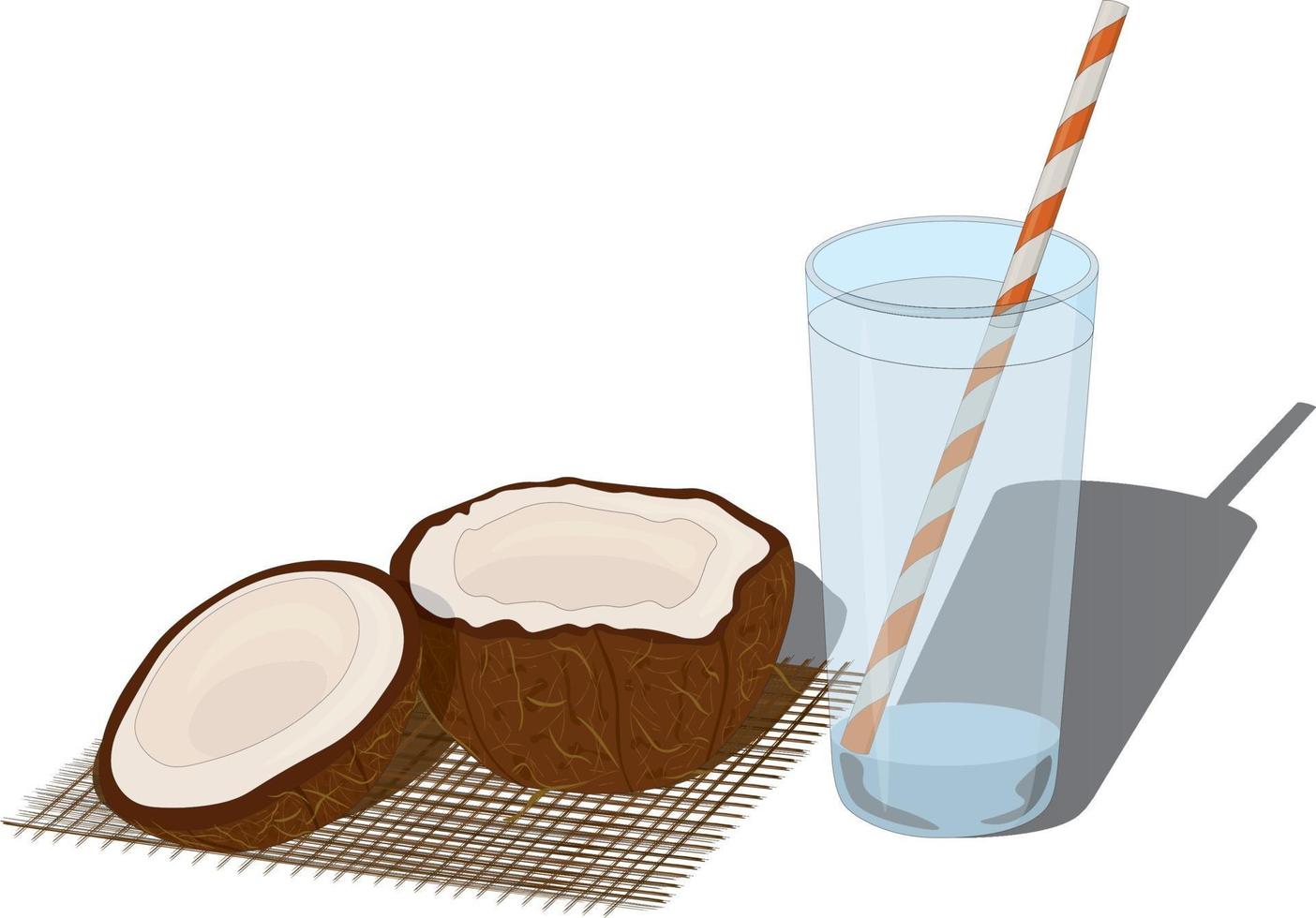 vaso de agua de jugo de coco fresco y coco cortado vector