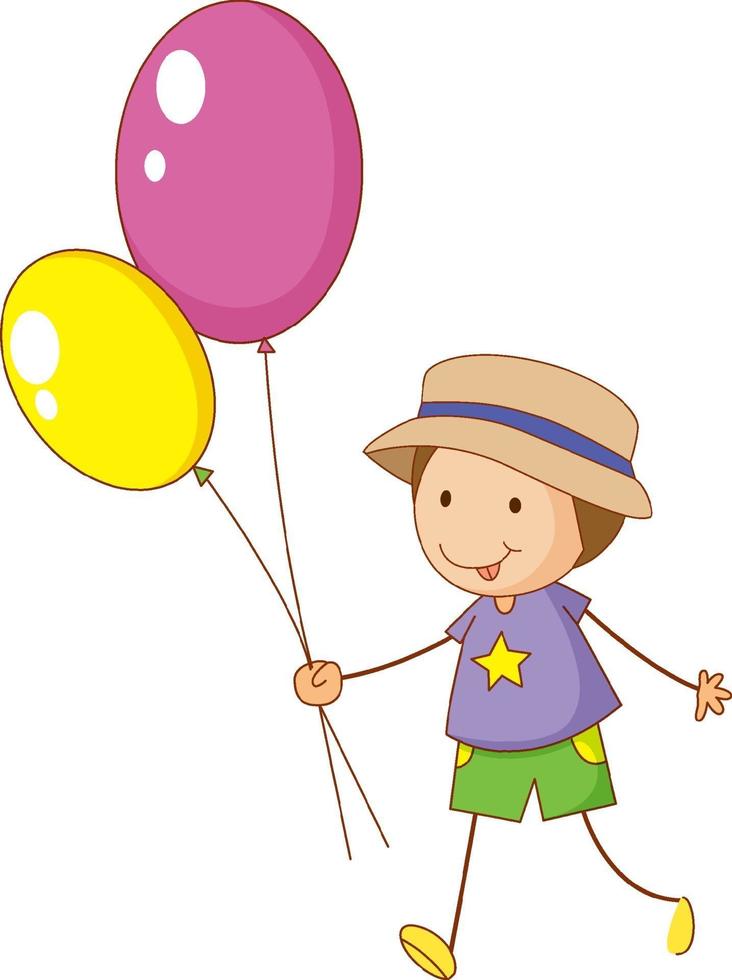 un niño doodle sosteniendo globos personaje de dibujos animados aislado vector