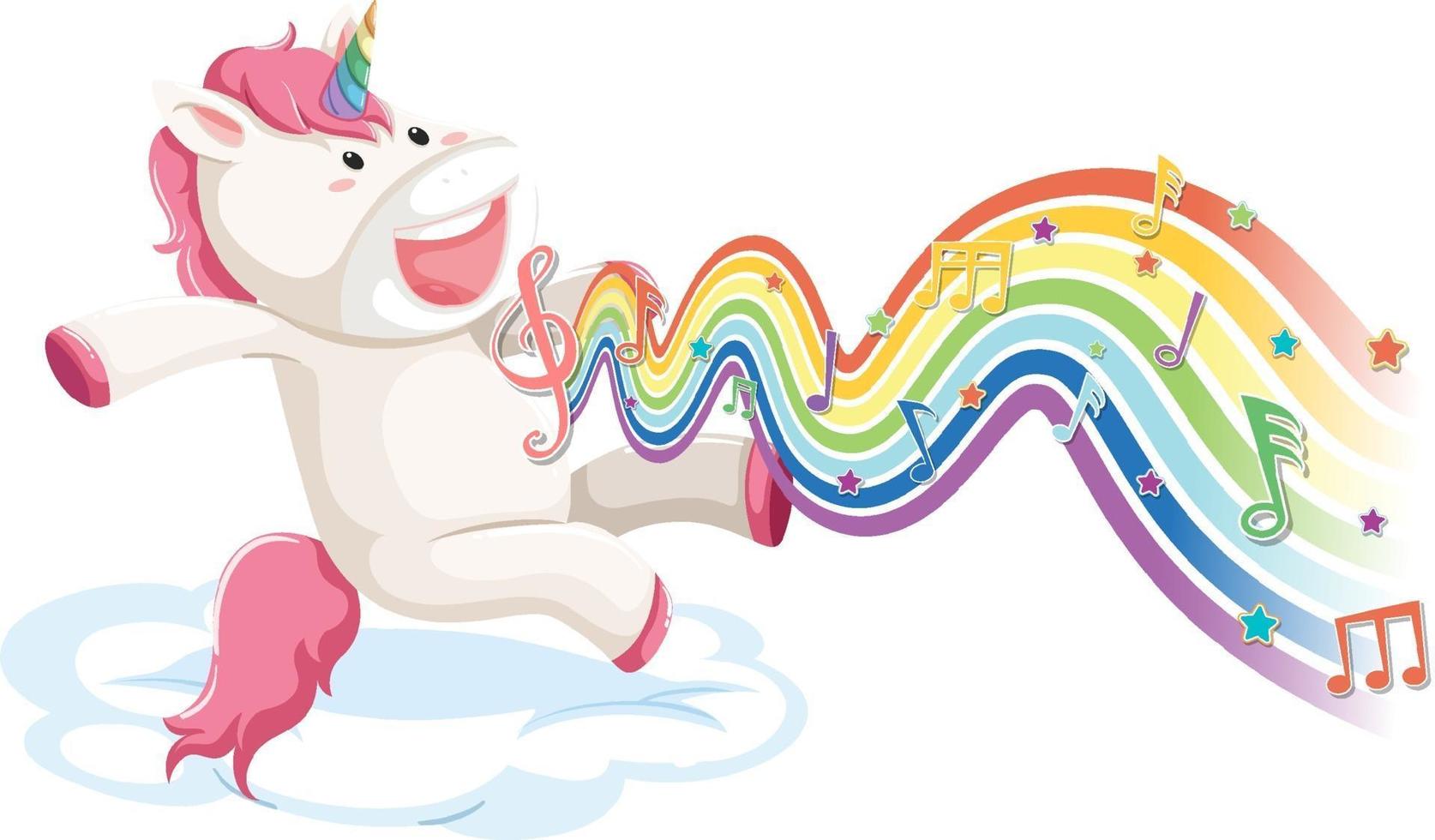 Unicorn jumping on the cloud with melody symbols on rainbow wave vector