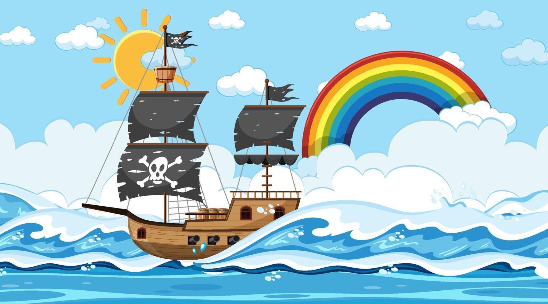 Ocean with Pirate ship at day time scene in cartoon style vector