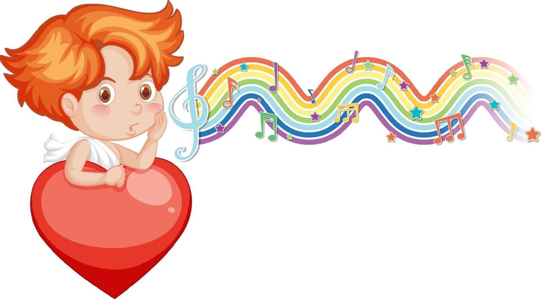 Cupid boy holding heart with melody symbols on rainbow wave vector