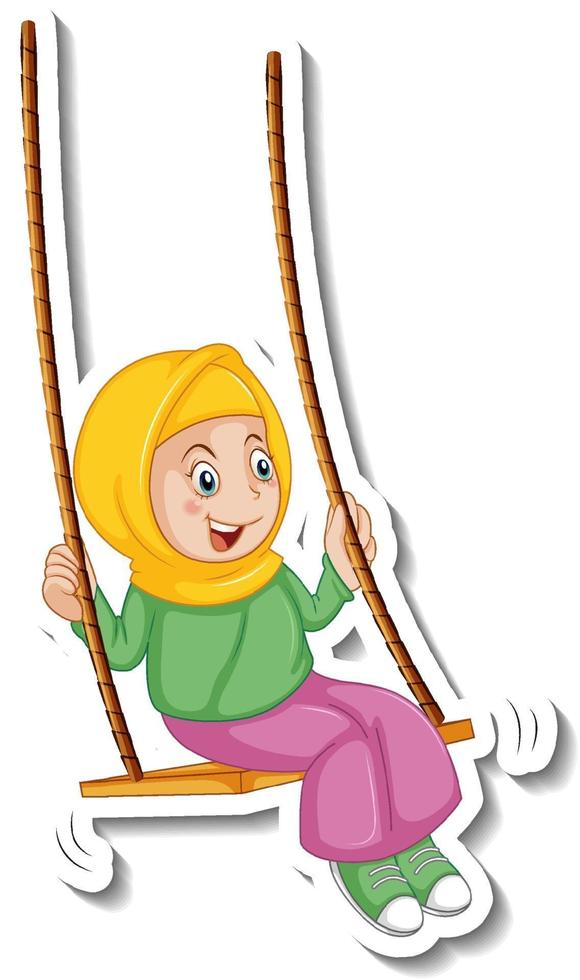 A sticker template with muslim girl playing swing cartoon character vector