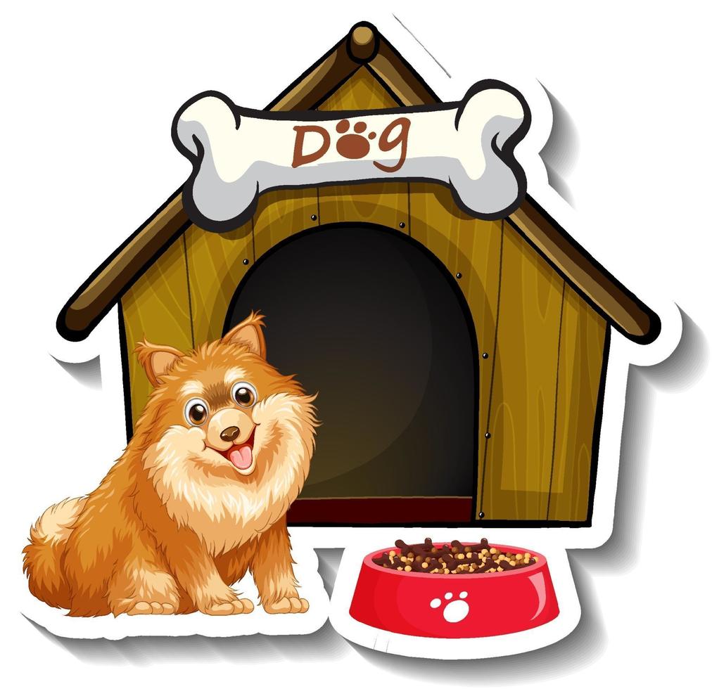 Diseño de pegatinas con pomerania de pie delante de la casa del perro vector