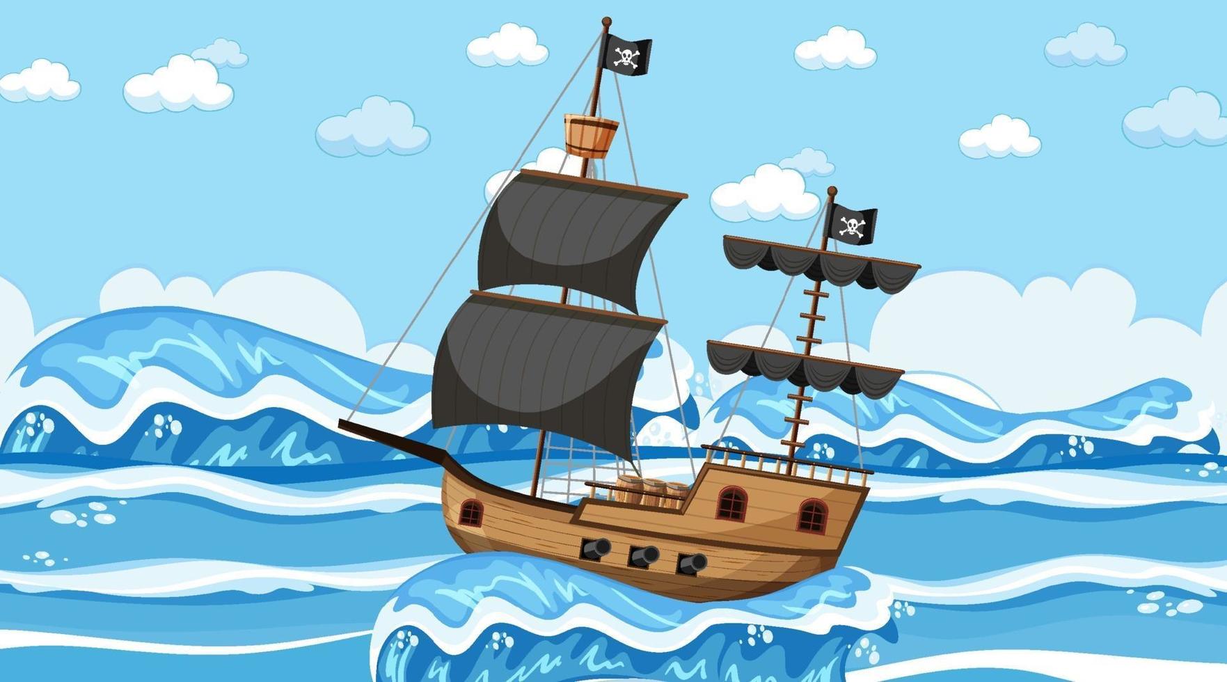 Ocean with Pirate ship at day time scene in cartoon style vector